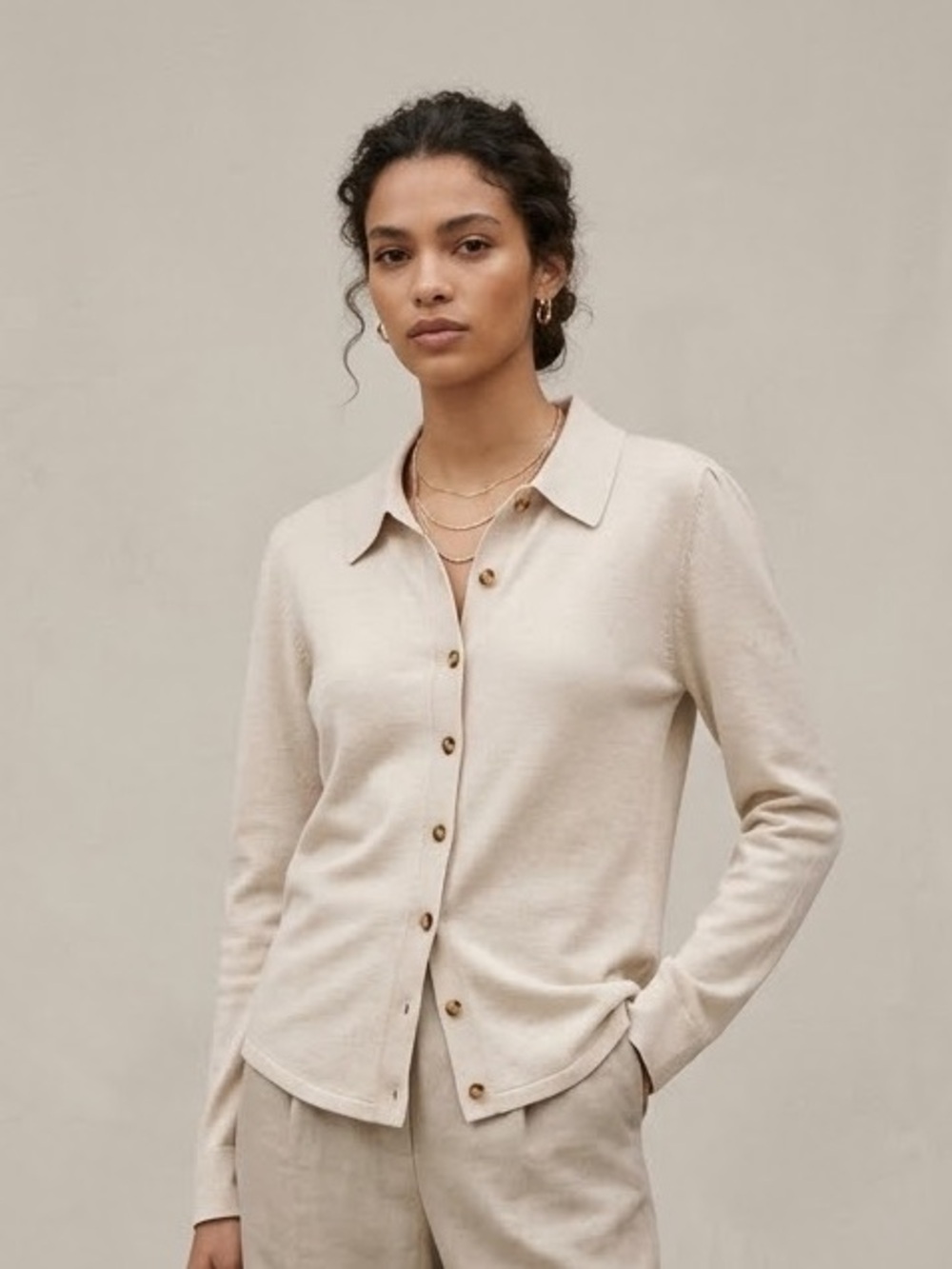 Vintage Style Puff Shoulder Polo Sweater Cardigan Shacket Cream